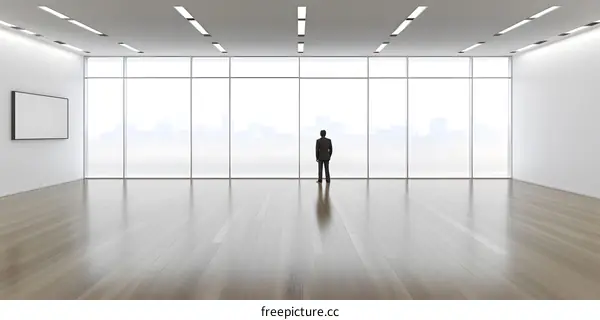 Man Standing in Modern Office Looking at Cityscape