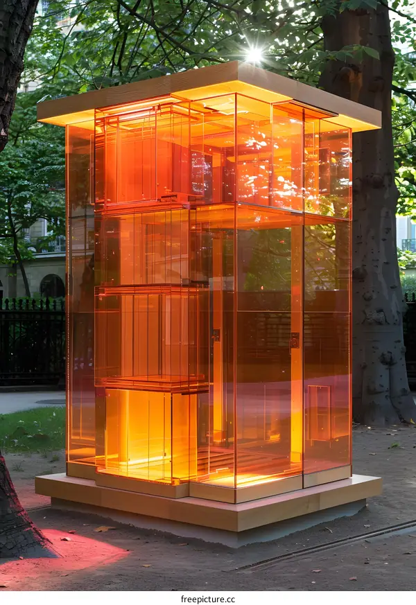 An orange-tinted glass structure with a wooden base sits in a park with trees in the background