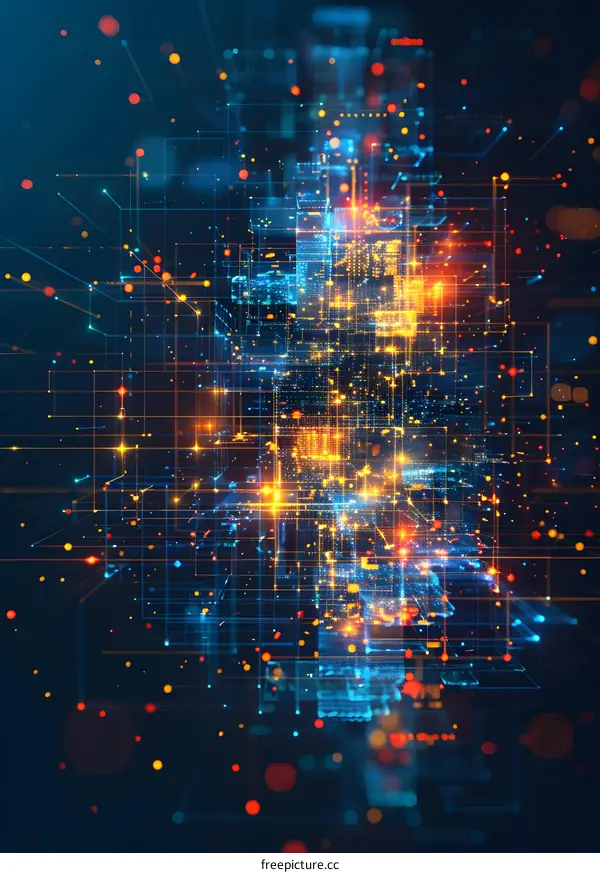 Abstract 3D rendering of a glowing blue and orange circuit board