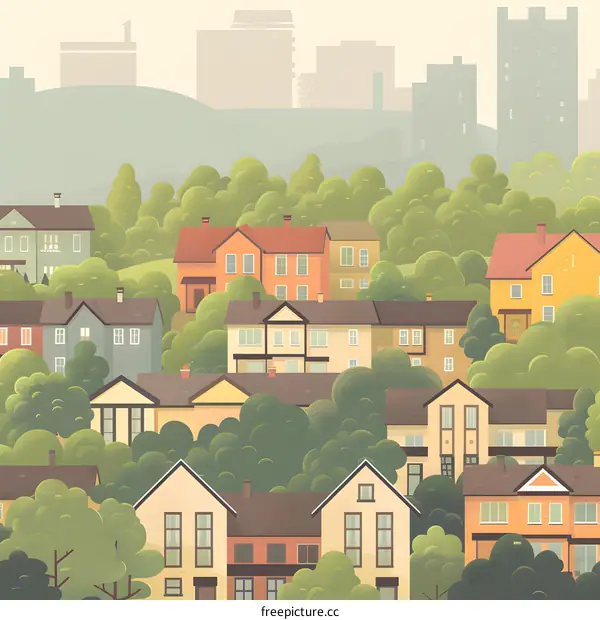 Illustration of a Suburban Neighborhood with Houses and Trees