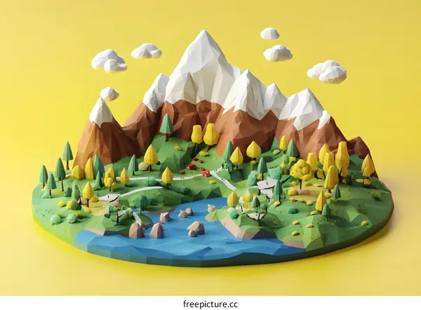 Low Poly Mountain Landscape with Lake and Trees
