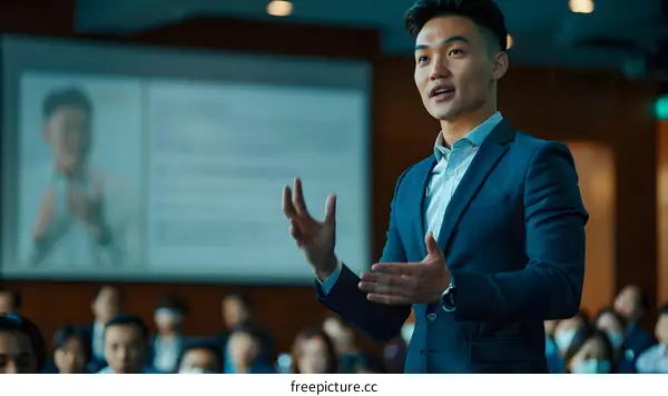 Man in Suit Giving a Presentation to Audience in Meeting Room