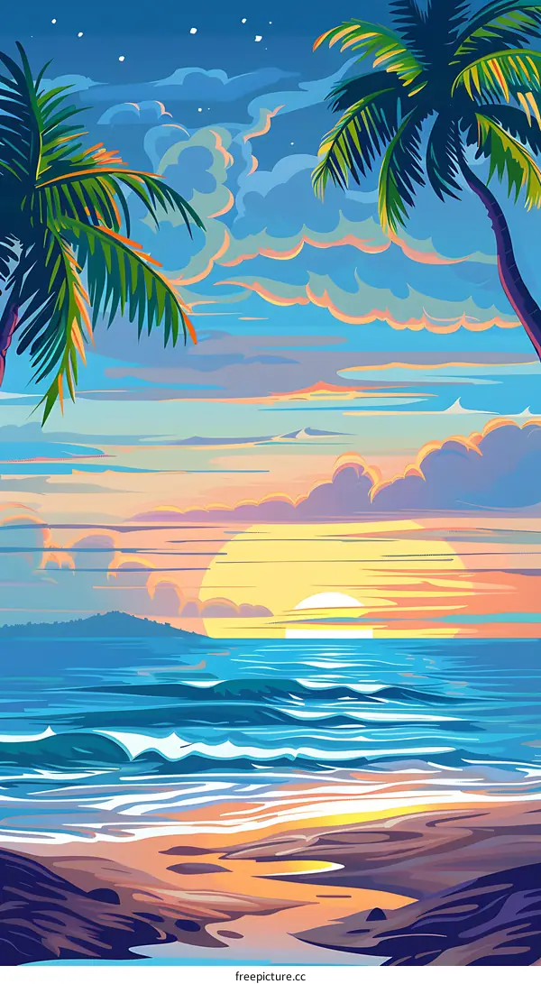 Sunset Beach With Palm Trees Illustration