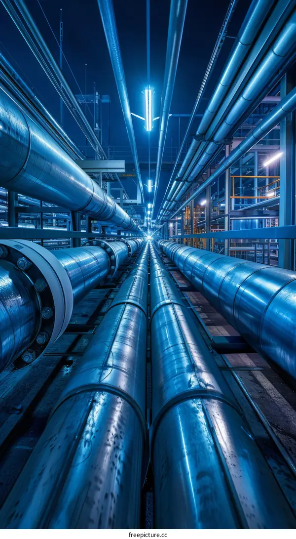 Industrial Pipelines at Night in a Factory