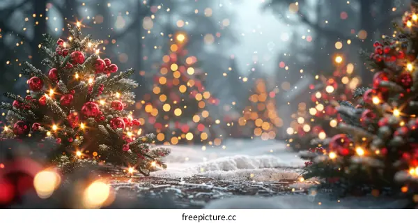 Christmas Trees in Snowy Forest Scene