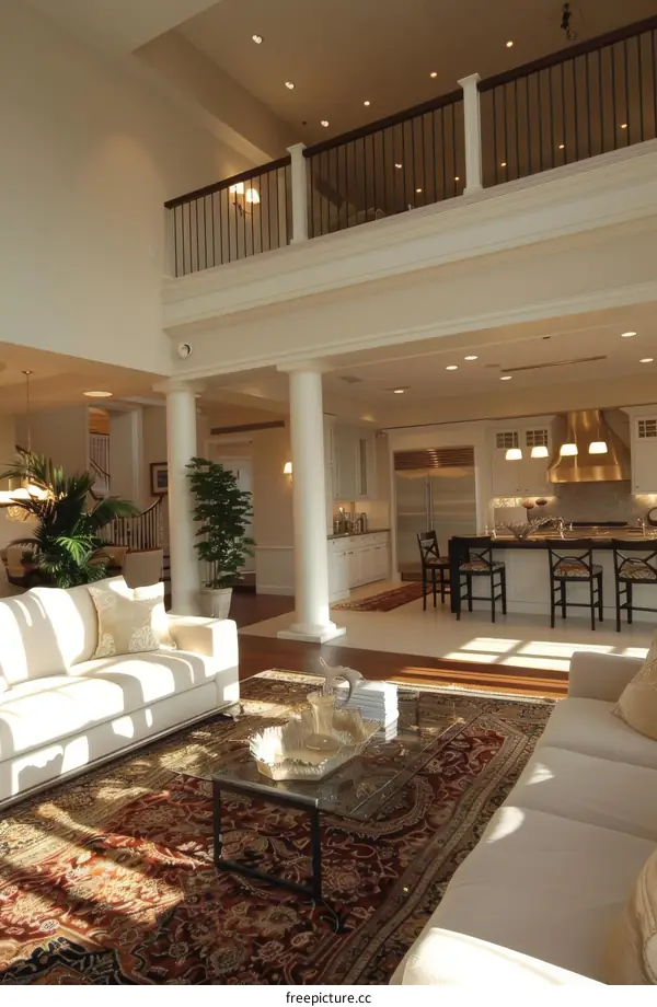 Spacious Living Room with Vaulted Ceiling and Balcony