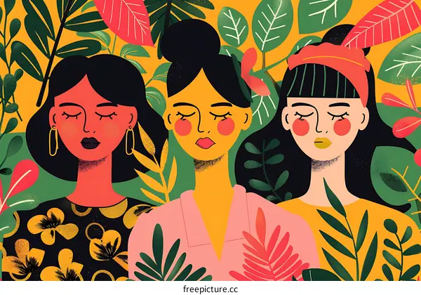 Three Women Surrounded by Lush Tropical Leaves
