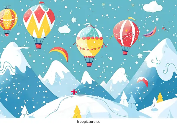 Colorful Hot Air Balloons Flying Over Snowy Mountains