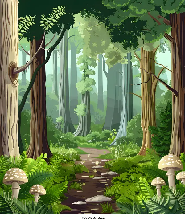 Green Forest Path Illustration with Trees, Ferns, and Mushrooms