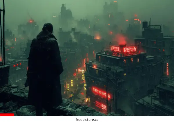 A dark figure stands on a rooftop overlooking a futuristic city.