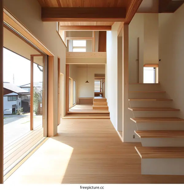 Modern Minimalist Japanese Home Interior Design with Wooden Stairs and Sliding Doors