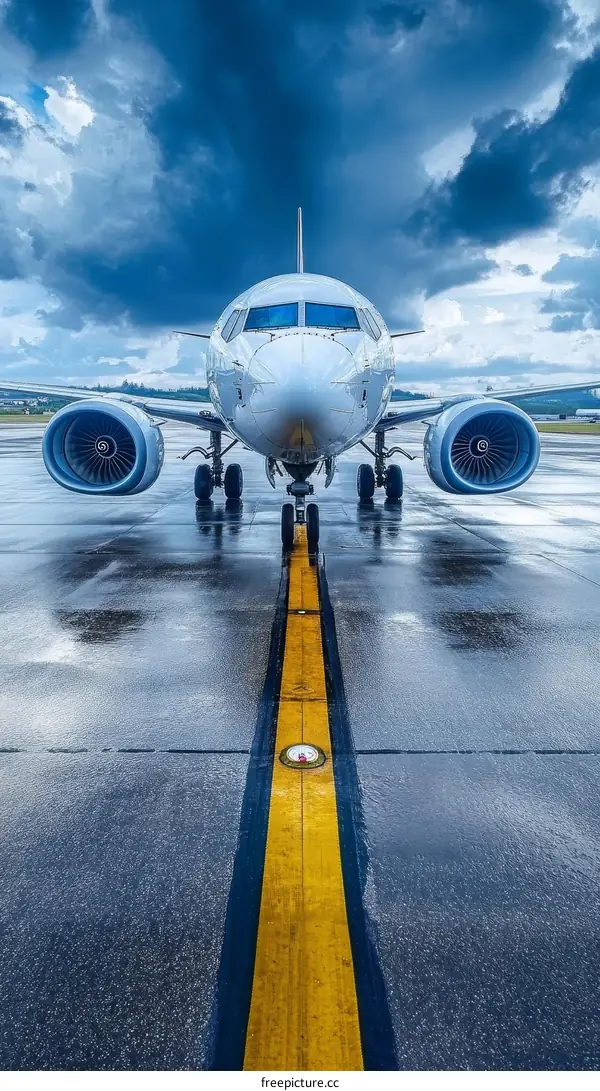 Airplane on Wet Runway Under Stormy Sky