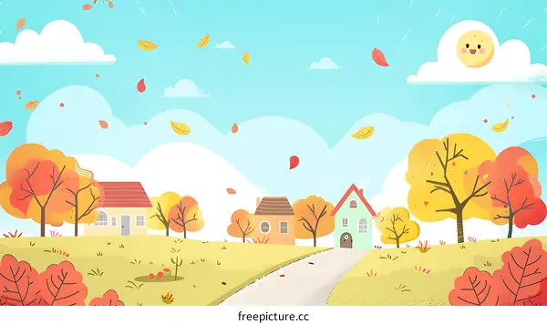Autumn Landscape Illustration with Houses and Falling Leaves