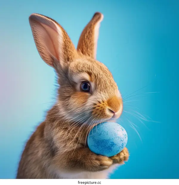 Cute Bunny Holding Blue Easter Egg Against Blue Background