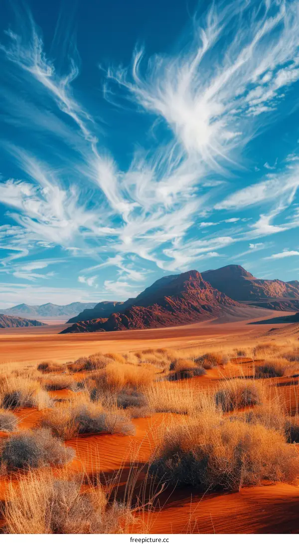A vast desert landscape with mountains in the distance and a clear blue sky