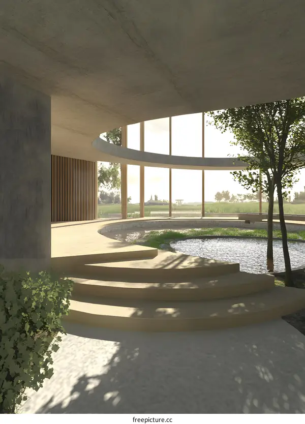 Modern Architectural Design with Circular Windows and a Pond