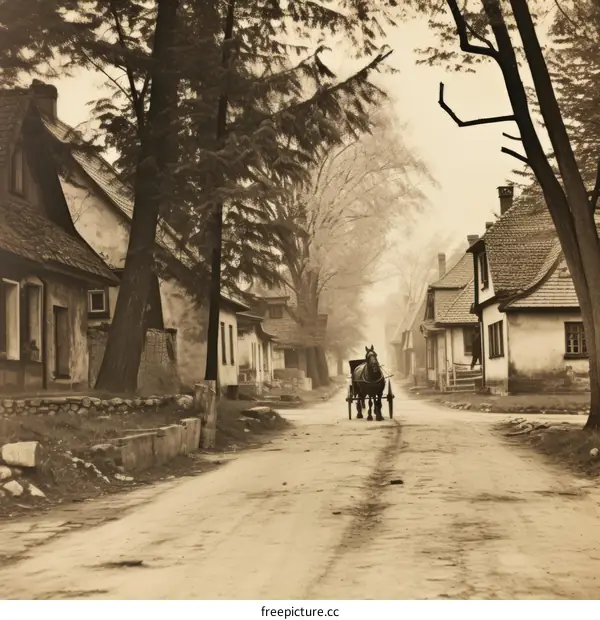 A horse-drawn carriage rides down a street in a rural village