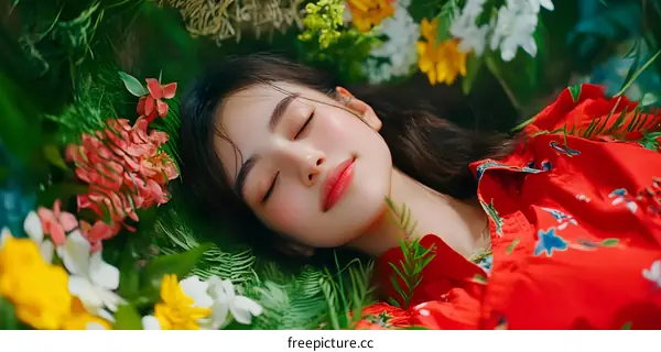 Young Asian Woman Sleeping in a Field of Flowers