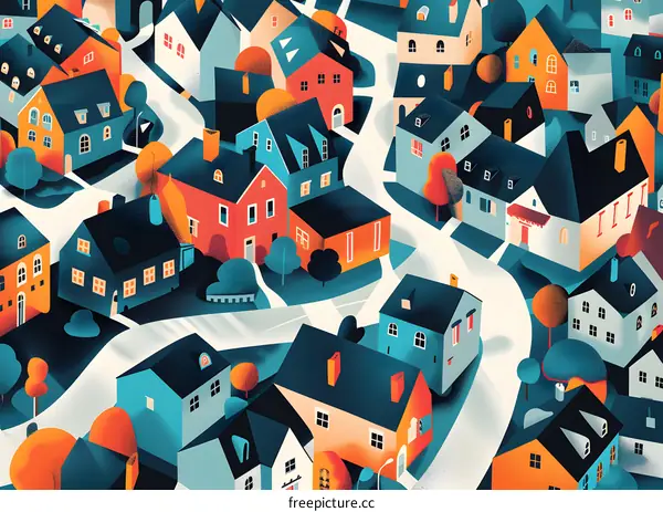 Colorful Illustration of a Small Town with Houses and Winding Roads