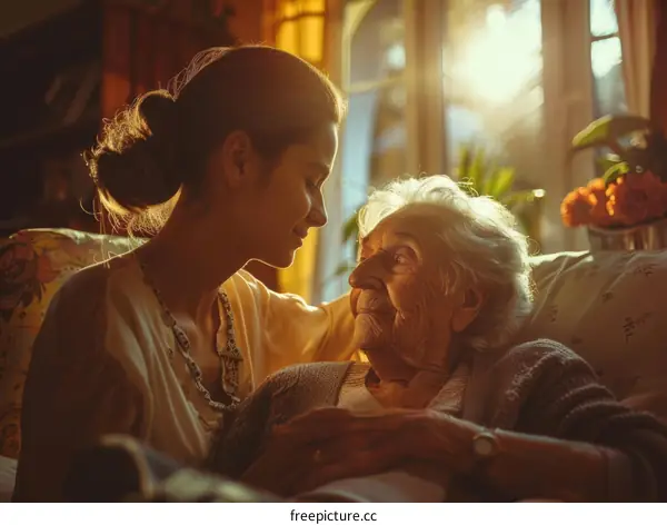 Young woman sitting on a couch talking to an elderly woman