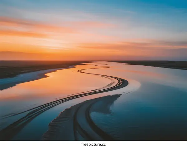 Beautiful Sunset Over a Winding River with Calm Water