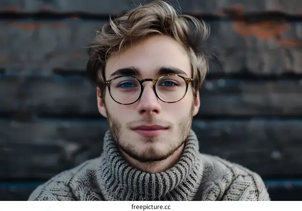 Young Man with Glasses Wearing a Grey Sweater