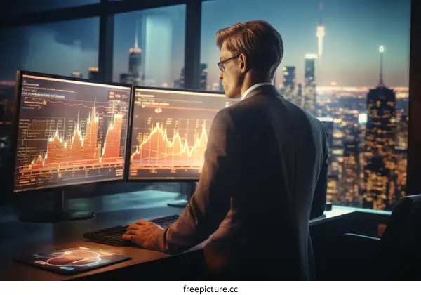 Businessman analyzing stock market data on multiple computer monitors in modern office with skyscrapers in background