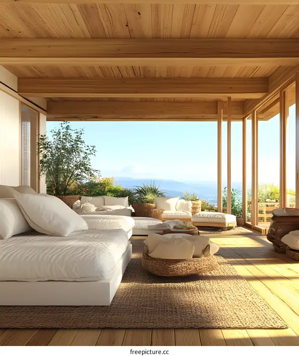 Modern Minimalist Wooden Terrace with Mountain View