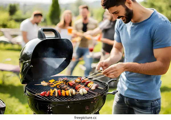 Man Grilling Food On Barbecue During Outdoor Party With Friends