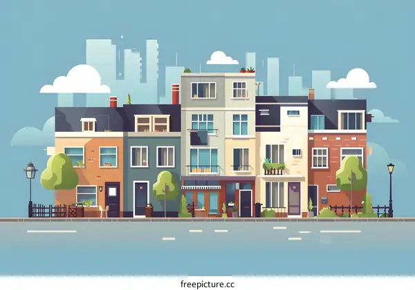 Row of Colorful Townhouses with Green Trees