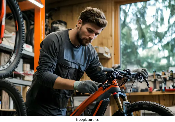 Man Working on Mountain Bike in Workshop