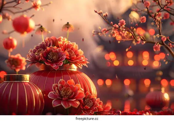 Vases of flowers and red lanterns