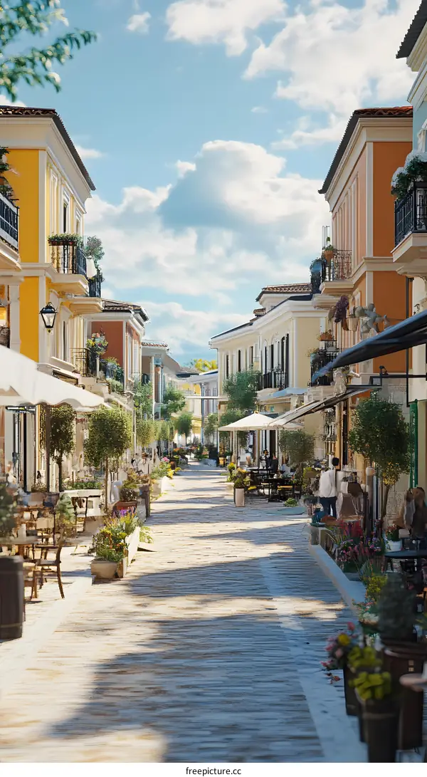 European Street Scene with People Sitting at Outdoor Cafe Tables