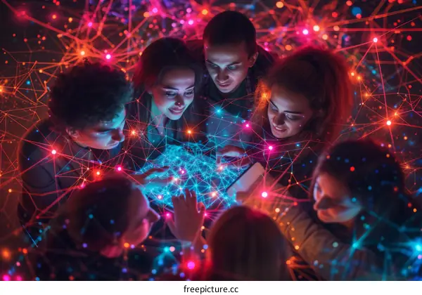 Group of young people using a digital interface to visualize data and information