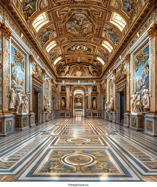Ornate Interior of a Historical Hall with Marble Flooring and Intricate Ceilings