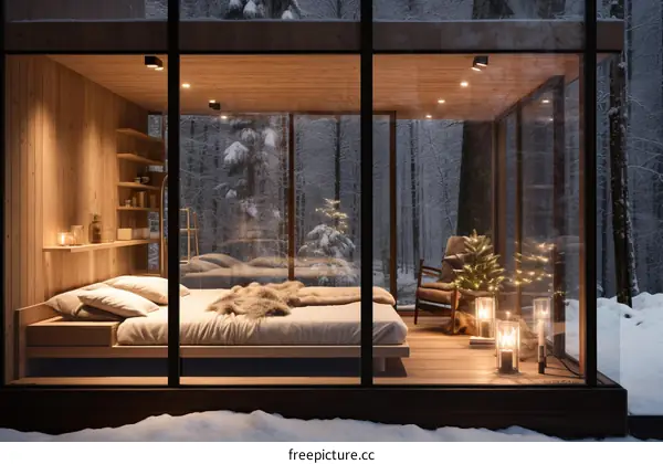 A cozy cabin in the woods with a snowy forest outside