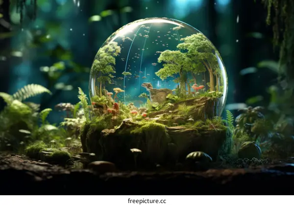 A beautiful illustration of a terrarium with a forest inside