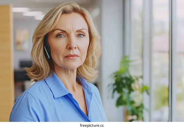 Serious Caucasian Woman on Phone in Office