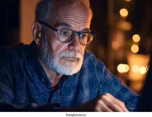Senior Man Using Laptop at Night with Blurred Lights