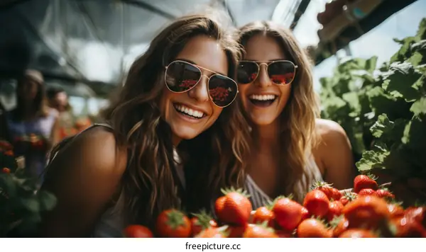 Two happy young women harvesting strawberries in a greenhouse