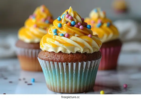 Three frosted cupcakes with rainbow sprinkles on top