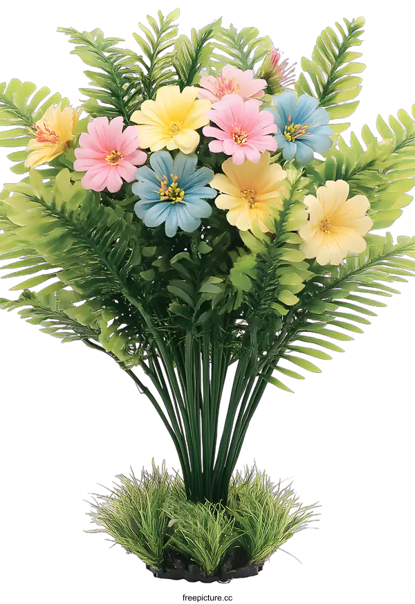 [Transparent Background PNG]Colorful Artificial Flower Bouquet with Green Leaves and Grass