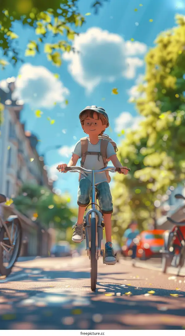 A boy is riding a bicycle down a street