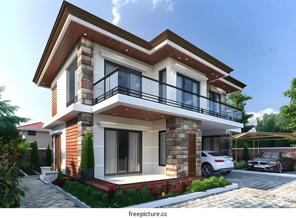 Modern Two-Story Home with Balcony and Garage