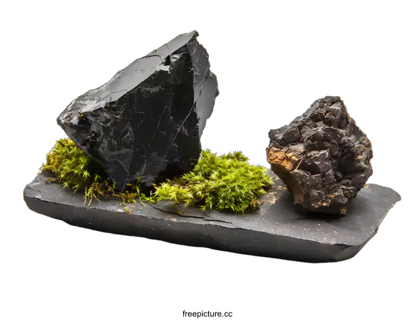 [Transparent Background PNG]Black Tourmaline Crystal on Slate Stone with Green Moss
