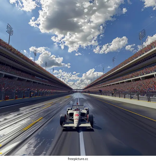 An illustration of a race car on a track with stands full of spectators