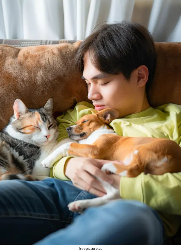 A young man is sleeping on the couch with a cat and a dog