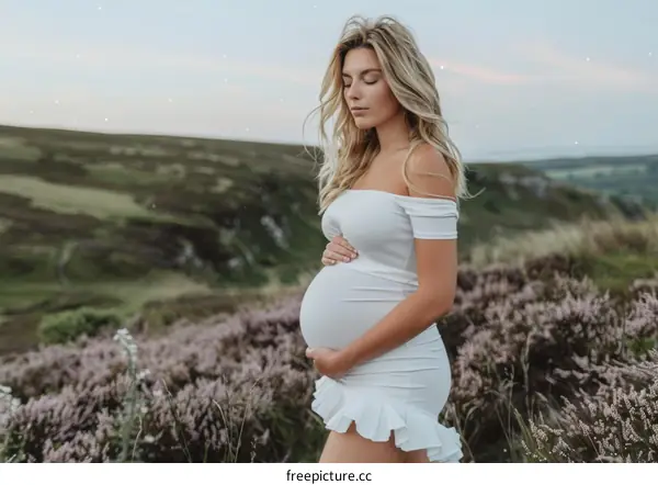 Pregnant woman standing in a field of flowers