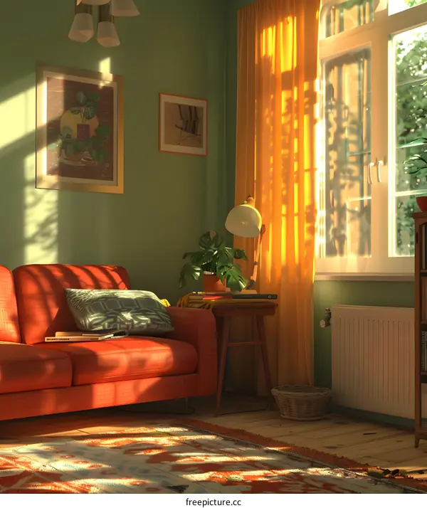 Sunlight shining through the window onto a red couch and green walls