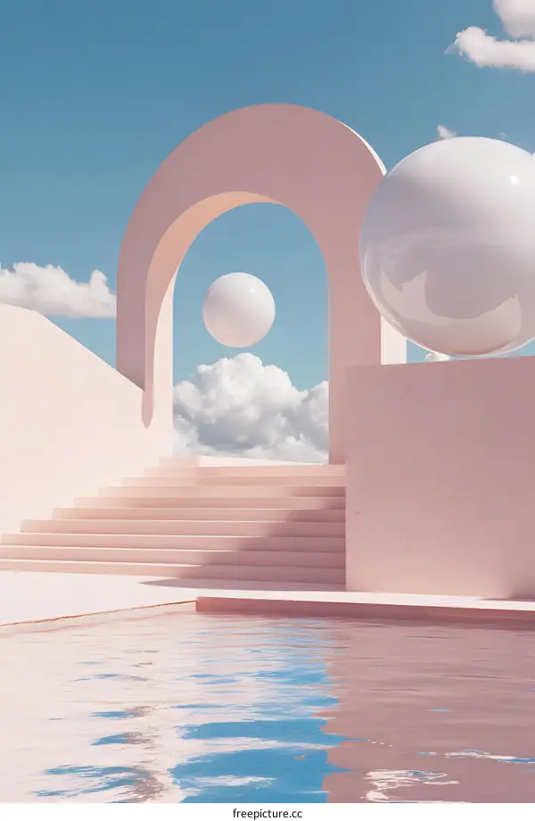 Minimalist 3D Archway with White Spheres and Pool